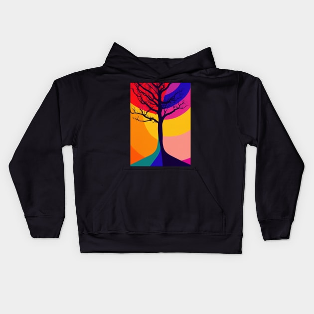 Lonely Tree Under a Rainbow Night Sky - Vibrant Colored Whimsical - Abstract Minimalist Bright Colorful Nature Poster Art of a Leafless Branches Kids Hoodie by JensenArtCo